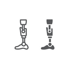 Leg knee prosthesis line and glyph icon, orthopedic and medical, prosthetic leg sign, vector graphics, a linear pattern on a white background.