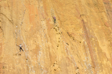 Rock climbers climb a large rock, filmed from the back.