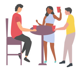 Group of people with drink, woman sitting at table, male and female dancing, portrait view of friends in club, disco entertainment, clubber vector