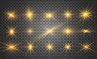 Set of gold bright beautiful stars. Light effect Bright Star. Beautiful light for illustration. Christmas star. White sparks sparkle with a special light. Vector sparkles on transparent background