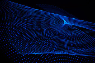 3D illustration or 3D rendering. Curved lines formed by blue dots. Futuristic abstract pattern on...