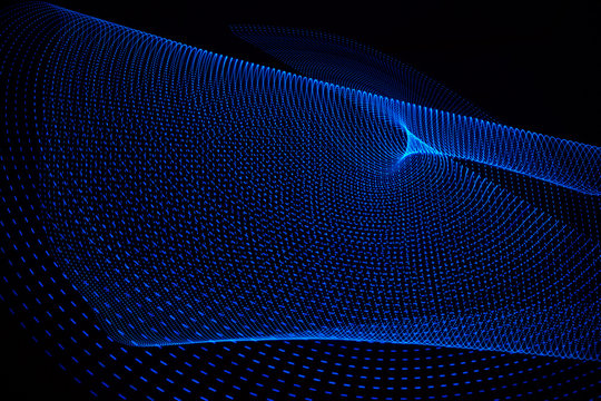 3D illustration or 3D rendering. Curved lines formed by blue dots. Futuristic abstract pattern on black background.