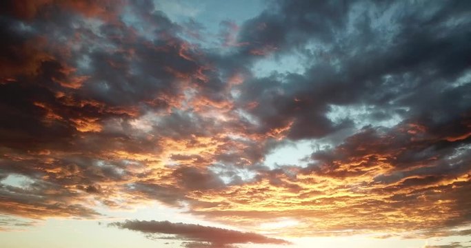 Drone shot of dramatic orange clouds at sunset. Stable still shot.