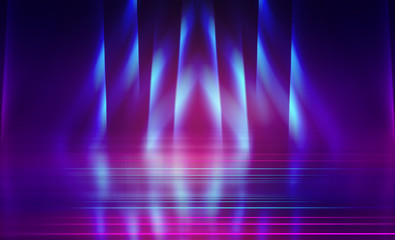 Empty dark abstract background. Background of empty show scene. Glow of neon lights and neon figures on an empty concert stage. Reflection of light on the pavement.