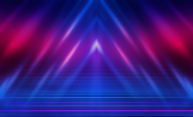 Empty dark abstract background. Background of empty show scene. Glow of neon lights and neon figures on an empty concert stage. Reflection of light on the pavement.