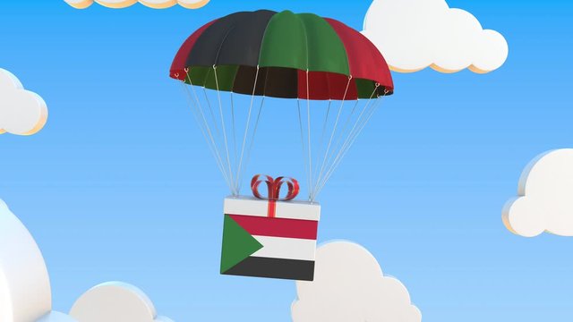 Carton with flag of Sudan falls with a parachute. Loopable conceptual 3D animation