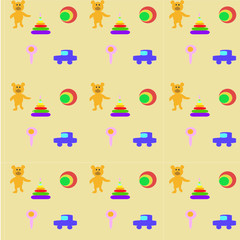 seamless pattern with baby toys;toy ball pyramid teddy bear on a yellow background; 