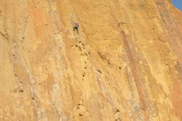 Climbers climb a large rock, filmed from the back. With space