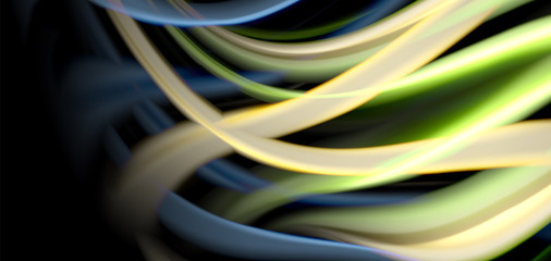 Abstract silk smooth lines on black, multicolored liquid fluid rainbow style waves on black