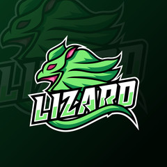 green angry lizard head mascot sport esport logo template