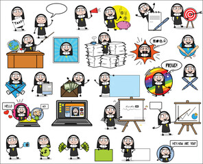 Various Cartoon Nun Lady Character - Collection of Concepts Vector illustrations