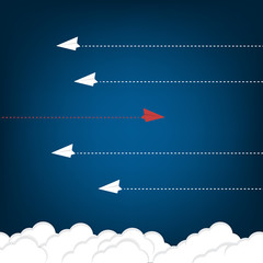 Think differently concept. Red airplane changing direction. Vector illustration