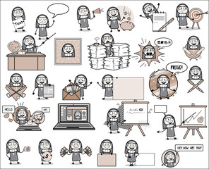 Comic Vintage Nun Lady Collection - Set of Concepts Vector illustrations
