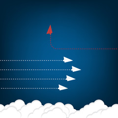 Think differently concept. Red airplane changing direction. Vector illustration