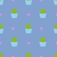 Seamless pattern with cute cacti on a blue background. Vector illustration.