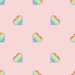 Seamless pattern with multi-colored hearts on a pink background. Vector illustration.