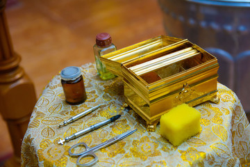 Baptism of the baby. table ritual accessories