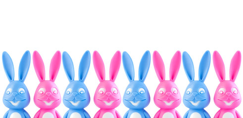 Funny colorful bunnies on white background. Easter banner,web site header. Pink and blue rabbits creative minimal style.