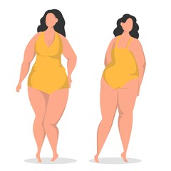 Flat vector illustration with plus size brunette. Body positive woman in swimsuit. Front and back view.