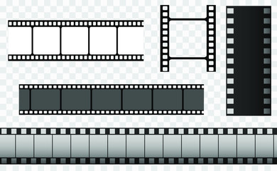 Cinema strip templates. Negative and strip, media filmstrip. Film roll vector, film 35mm, slide film frame set. 