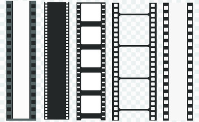 Different film strip collection. Old retro cinema strips. Cinema strip templates. Negative and strip, media filmstrip. Film roll vector, film 35mm, slide film frame set
