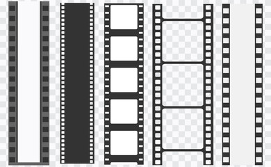 Different film strip collection. Old retro cinema strips. Cinema strip templates. Negative and strip, media filmstrip. Film roll, film 35mm, slide film frame set