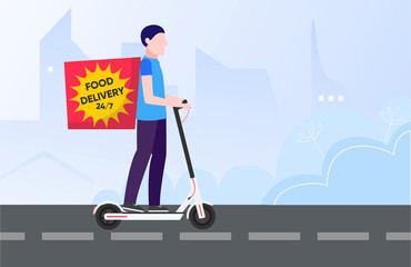 Food delivery concept. Minimal flat vector illustration of courier on electric kick scooter