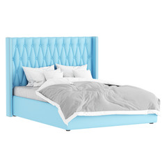 Large double blue bed with a high headboard with a blanket and six pillows on a white background. 3d rendering