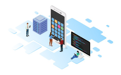 mobile app development with programming language and server with team developer and isometric design style