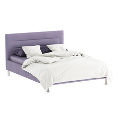 A double bed with soft fabric lilac upholstery and black and white linen on a white background. 3d rendering