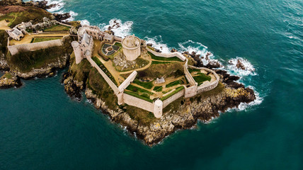 Aerial view from drone of the stunning  Fort La Latte in Brittany (Bretagne) in France on the...