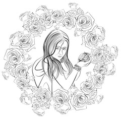 black and white illustration of a beautiful girl surrounded by roses, round flower frame, illustration for coloring