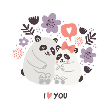Vector illustration of cute pandas hugging, love