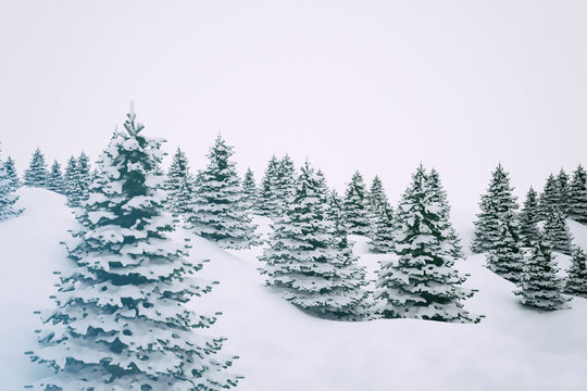 Winter landscape trees and hills covered in snow isolated on white background