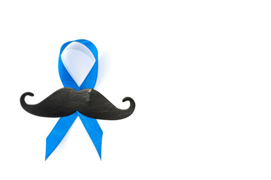 Prostate Cancer Awareness,  Blue Ribbon with mustache on white background. Men Healthcare and World cancer day concept