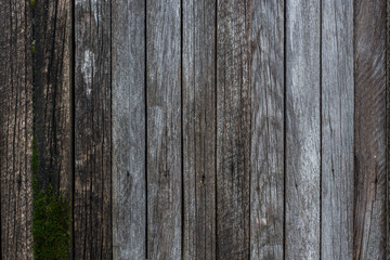 texture of gray rotten wooden boards with rusty nails, cracks and moss