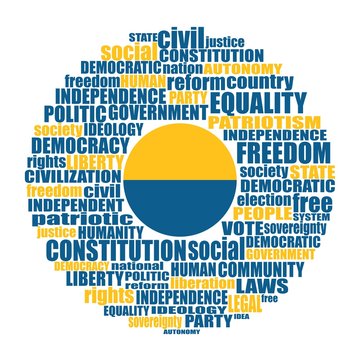 Word cloud with words related to politics, government, parliamentary democracy and political life. Flag of the Ukraine