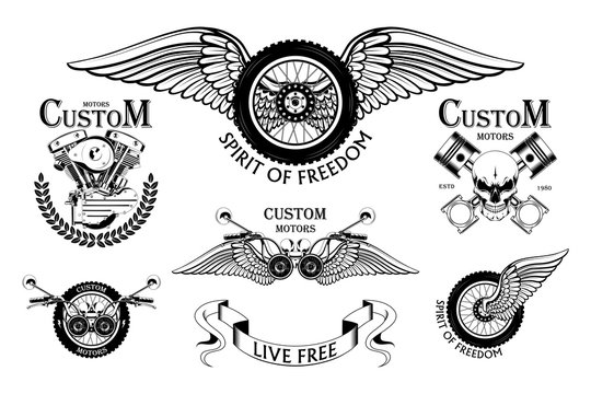 Set of moto emblems. Vector images of a motorcycle wheel, motorcycle steering wheel, pistons, moto engine.
