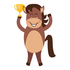 A cute and joyful brown horse with a won cup.
