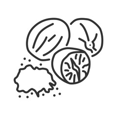 Whole and ground fragrant nutmeg with caption black line icon. Spices, seasoning. Cooking ingredient. Pictogram for web page, mobile app, promo.