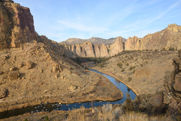 Rocks in a beautifully large canyon, desert with river. Smith Rock State Park National Park. Oregon State