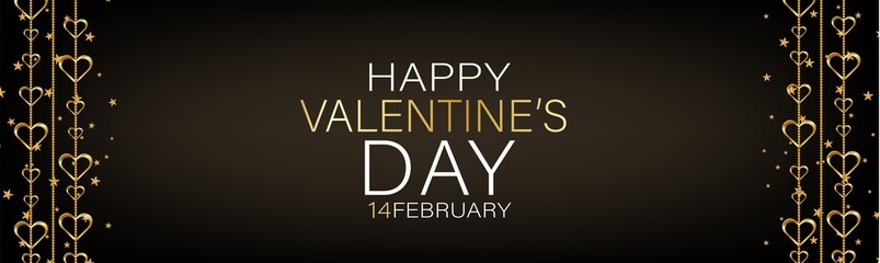 Obraz premium Valentines Day banner background or website header with hanging golden 3d hearts. Love design concept. Romantic invitation or sale offer promo. Vector illustration.