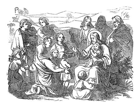 Vintage drawing or engraving of biblical story of Jesus and little children.Bible,New Testament,Matthew 19. Biblische Geschichte , Germany 1859.