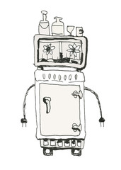 Refrigerator robot, home assistant, ink drawing.