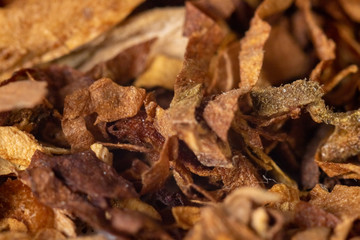 A pile of freshly cut tobacco texture in the background. Closeup