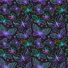 Bright butterflies seamless pattern. Coloring hand drawn line illustrations. Bright butterfly magic color sketch print on a dark background. Vector stock surface fashion design for girls.