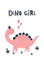 Baby print with Dino. Cute card, poster, template, greeting card, dinosaur. Scandinavian style. Vector illustrations