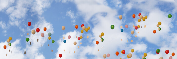 Panoramic background, colorful flying balloons. colored balloons with greeting cards. Bunch of flying balloons on blue sky background. Concept of happiness and joy, for banner, poster