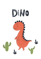 Baby print with Dino. Cute card, poster, template, greeting card, dinosaur. Scandinavian style. Vector illustrations
