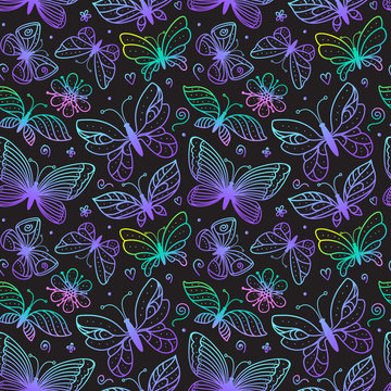 Bright butterflies seamless pattern. Coloring hand drawn line illustrations. Bright butterfly magic color sketch print on a dark background. Vector stock surface fashion design for girls.
